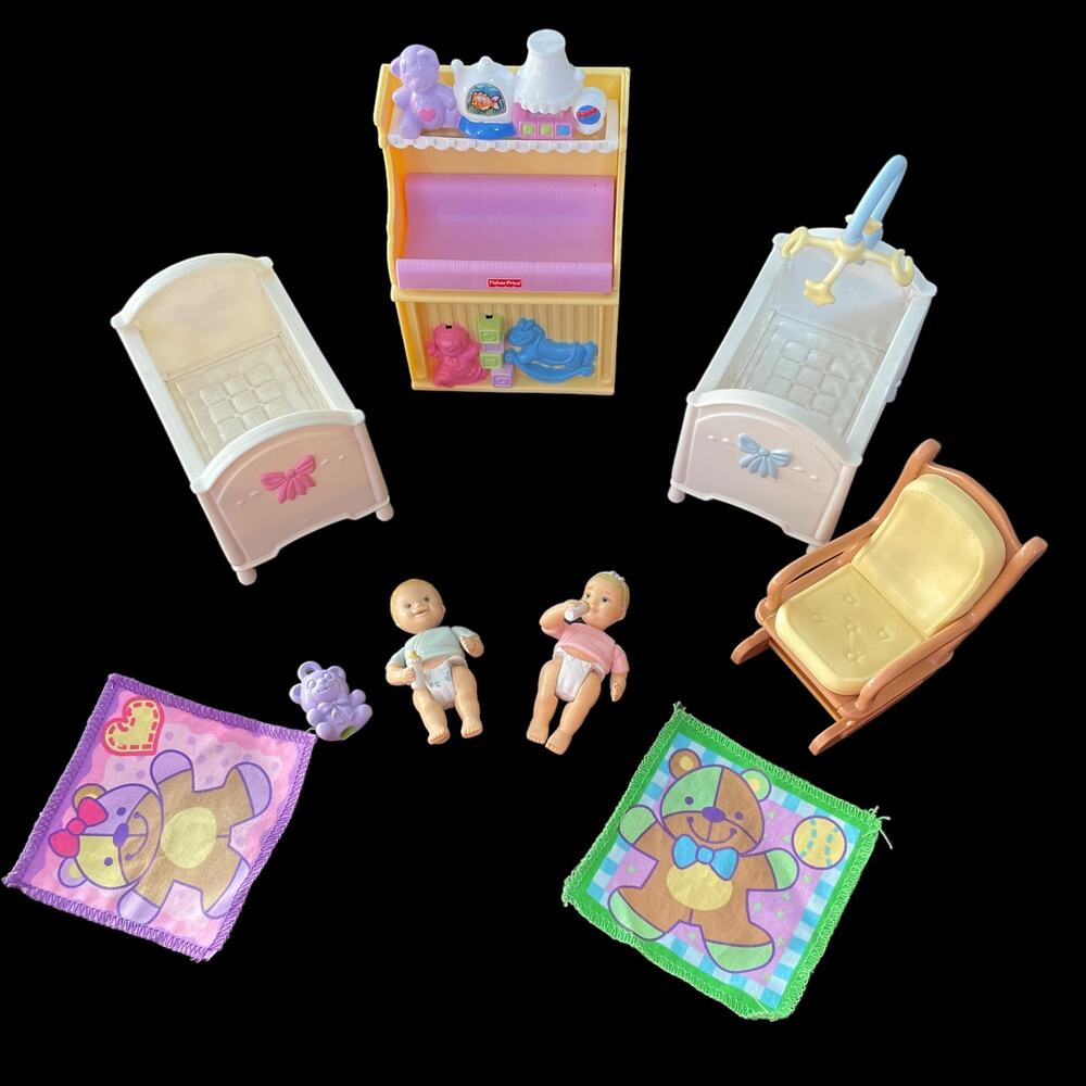 Loving Family Nursery Dollhouse Toy Crib Changing Table Chair Blanket Baby READ